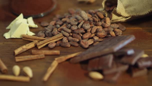 Mano femenina poniendo granos de cacao con barras de chocolate en la mesa — Vídeo de stock