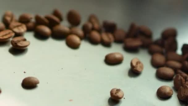 Macro van koffiebonen gooien op metalen pan in slow motion. Geroosterde koffiezaden — Stockvideo