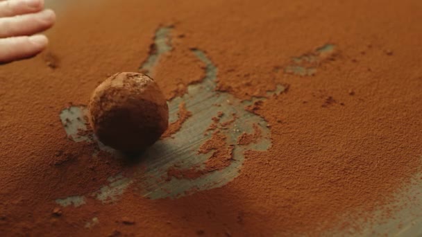 Yakın çekim şefi çikolatalı trüf mantarını kakao tozunda ağır çekimde yuvarlıyor.. — Stok video