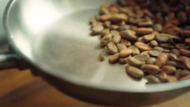Close up grãos de cacau jogando em panela de metal em câmera lenta . — Vídeo de Stock