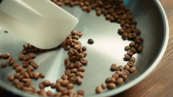 Mezclar los granos de café en la sartén por escápula durante el tostado. Ingrediente para beber — Vídeos de Stock