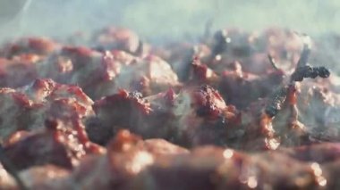 Kapalı mekanda barbekü ızgarasında et içerken. Izgarada ızgara füme.