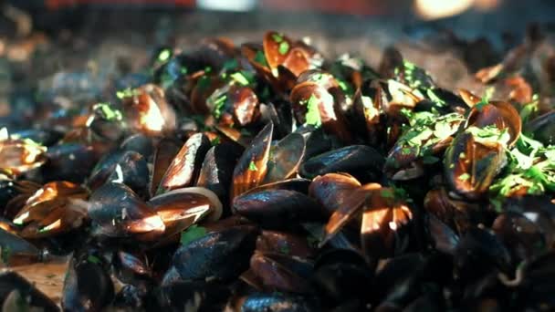 Closeup mussels with herbs cooking on frying pan. Clams grilling on open air — Stock Video