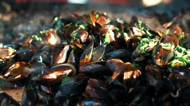 Mexilhões close-up com ervas cozinhando na frigideira. Amêijoas grelhando ao ar livre — Vídeo de Stock