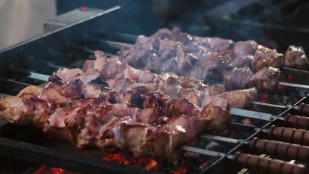 Closeup pork kebabs barbecuing at brazier outdoor. — Stock Video