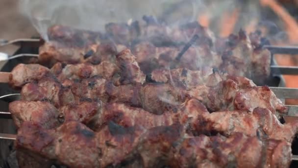 Primer plano de cerdo shashlik cocinar en brasero al aire libre. Brochetas de cerdo asadas a la parrilla — Vídeos de Stock