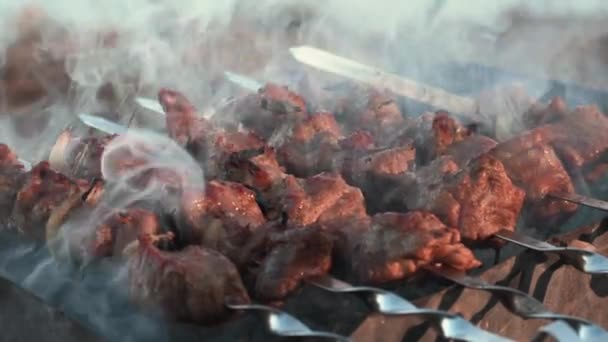 Closeup fumado churrasco grelhando no braseiro. Assar carne de churrasco em carvão vegetal — Vídeo de Stock