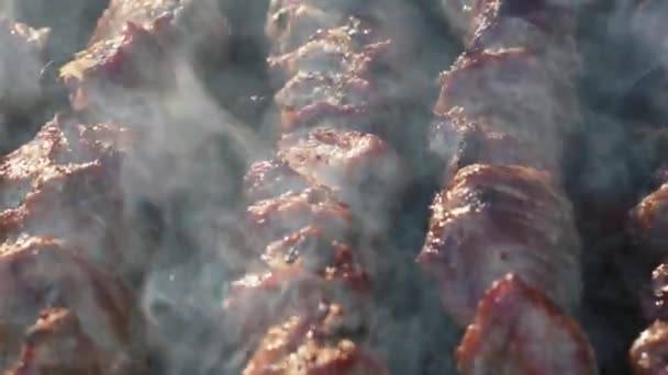 Detailní záběr uzeného BBQ pečeného na pánvi. Vepřové kebab grilování na špejle — Stock video