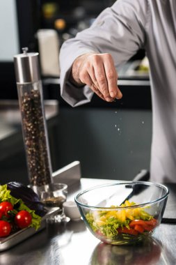 Mutfak restoranında şefin tuzlu salatası. Yakından erkek eli tuzlu sebzeler..