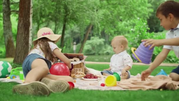 Cheerful siblings having picnic in park together. Cute children resting outside — Stock Video