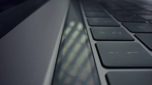 Male fingers pushing buttons on touch bar. Man hand using touch bar on laptop — Stock Photo, Image