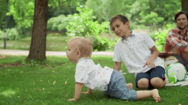 Rozkošné batole padající v parku na trávu. Rodiče se smějí s dětmi venku — Stock video