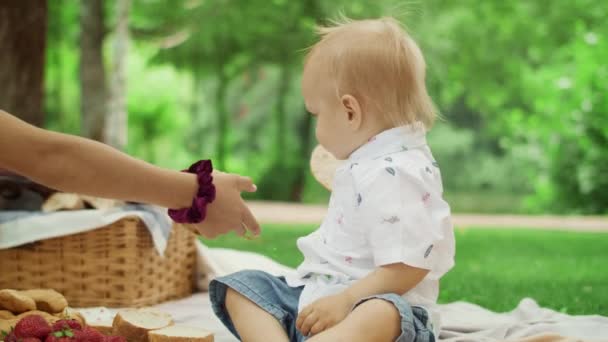 Tres niños sentados en una manta en el parque. Retrato de un niño feliz comiendo pan — Vídeos de Stock