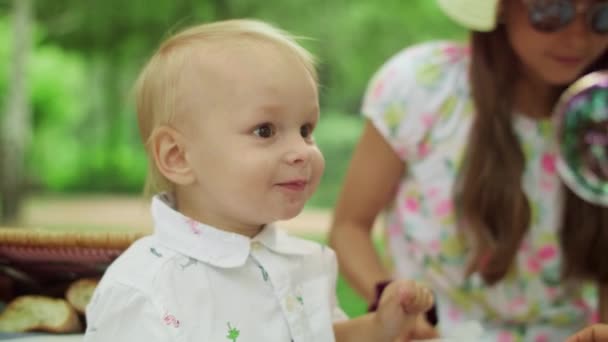 Çocuk parkta kız kardeşi ve annesiyle battaniyede oturuyor. Aile ormanda dinleniyor. — Stok video