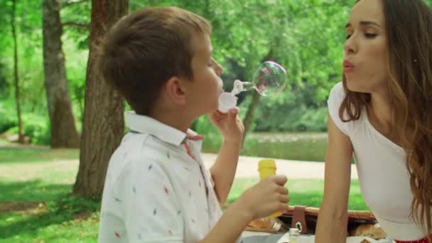 Een jongen die zeepbellen blaast in het bos. Moeder spelen met zoon in zomerpark — Stockvideo