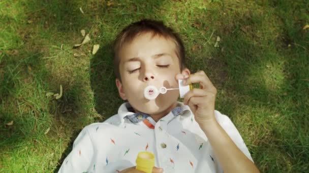 Веселый мальчик лежит на зеленой траве. Очаровательный ребенок, дующий мыльными пузырями в камеру — стоковое видео