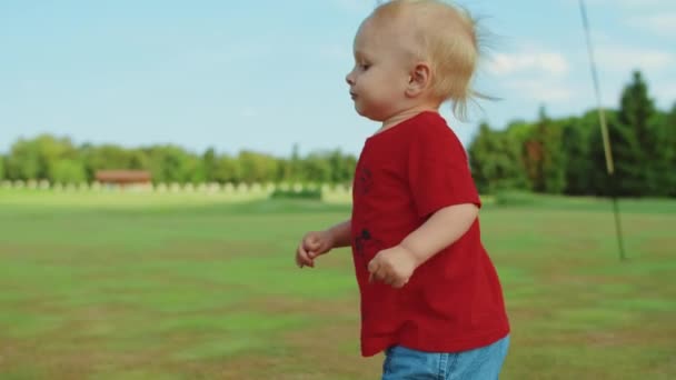 Un chico corriendo en el prado verde. Primer plano niño pequeño jugando en el parque de verano — Vídeos de Stock