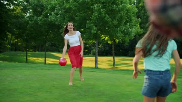 아이들 과 부모님들 이 풀밭에서 공을 가지고 놀고 있습니다. 가족 이 함께 즐거운 시간을 보내다 — 비디오
