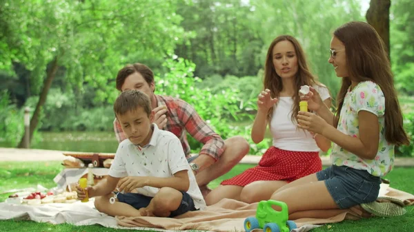 Братья и сестры играют с мыльными пузырями в парке. Семья сидит на одеяле на пикнике — стоковое фото