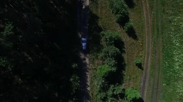 Näkymä ylhäältä auton ratsastus varjossa. Drone view auto menee lähelle metsää — kuvapankkivalokuva