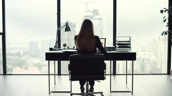 İş kadını dizüstü bilgisayardaki grafiklere bakıyor. Dizüstü bilgisayar kullanan kadın girişimci