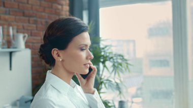 İş kadını evden cep telefonunu arıyor. Programı kontrol eden çekici bir kadın..