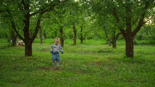 Nettes Kleinkind, das im Wald spazieren geht. Zwei Geschwister spielen draußen mit Ball — Stockfoto