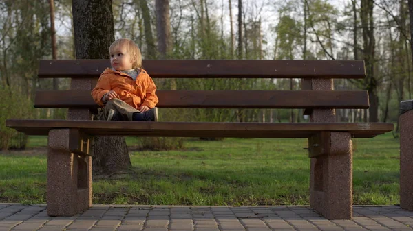 Kleiner Junge auf einer Holzbank im Park. Kleinkind lächelt auf Waldhintergrund — Stockfoto