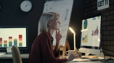 İş kadını karanlık ofiste bilgisayar klavyesinde daktilo kullanıyor..