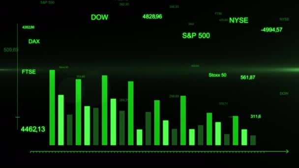 Pénzügyi táblázat zuhanó nyíl. Futurisztikus zöld nyíl csökkenő grafikon — Stock videók