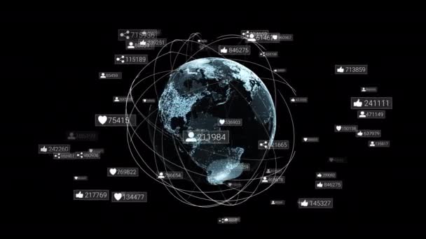 Réseau mondial de communication autour de la planète Terre. Symboles de réseaux sociaux — Video