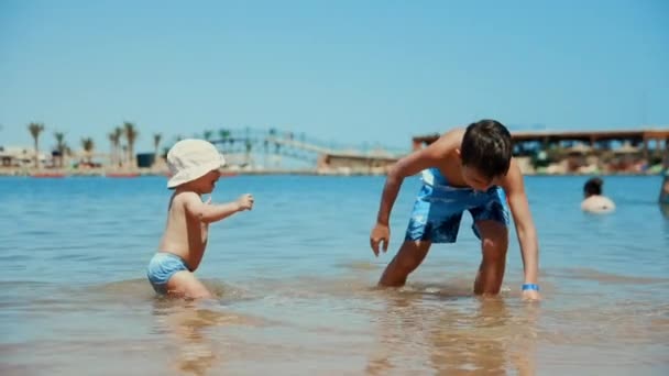 Niedliche Kinder planschen Wasser am Strand. Liebenswerte Jungen spielen am Meer. — Stockvideo