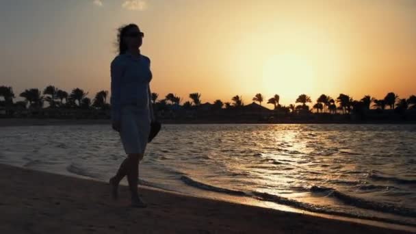 Çıplak ayaklı kadın kıyı boyunca yürüyor. Güzel kız gün batımında sahilde dinleniyor.. — Stok video