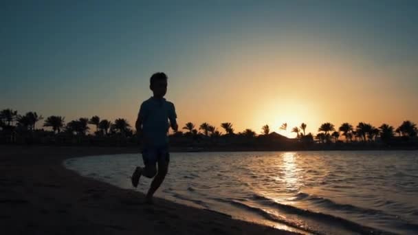 Actieve tiener jongen genieten van het leven aan prachtige kust bij zonsondergang. — Stockvideo
