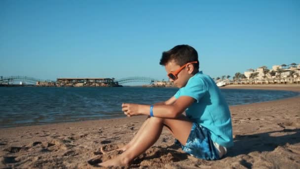 Kum plajında cep telefonu çalan güneş gözlüklü yakışıklı bir genç.. — Stok video
