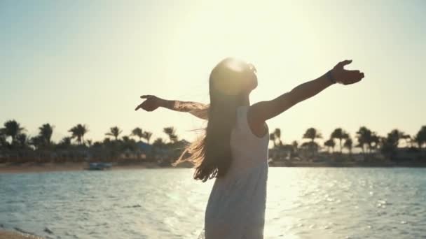 Piękna dziewczyna stojąca z otwartymi ramionami na wybrzeżu. Kobieta na wakacjach — Wideo stockowe