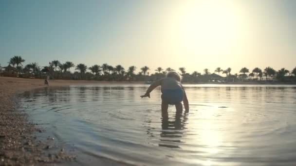 Alegre niño salpicando agua en la playa del complejo. Niño feliz caminando a la orilla del mar. — Vídeos de Stock