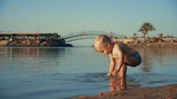 Zabawny chłopiec wlewa wodę do błękitu w spokojnej zatoce w godzinach wieczornych. — Wideo stockowe