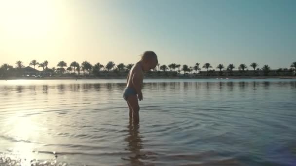 Yaz kıyı şeridinde deniz suyuna düşen tatlı aktif bebek.. — Stok video