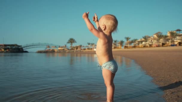 夏の日に日当たりの良い海岸線を歩くかわいい赤ちゃんの男の子. — ストック動画