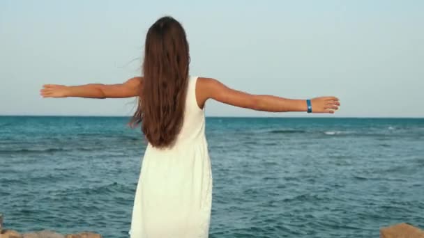 長い髪の若い女性が海のリゾートで海辺の遊歩道で暖かい風を楽しんで. — ストック動画