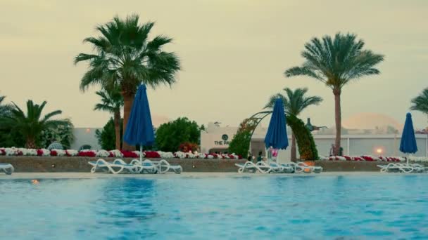 Krásný bazén v letním středisku Hurghada večer. Open air lido. — Stock video