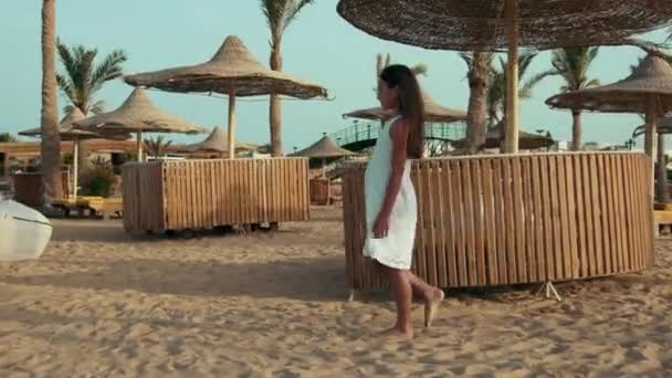 Slim fiatal nő élvezi a nyári tengerpartot. Hosszú haj lány séta a strandon. — Stock videók
