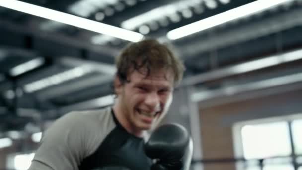 Omskakad fighter gör krokar i fitnesscenter. Kickboxare i boxningshandskar — Stockvideo