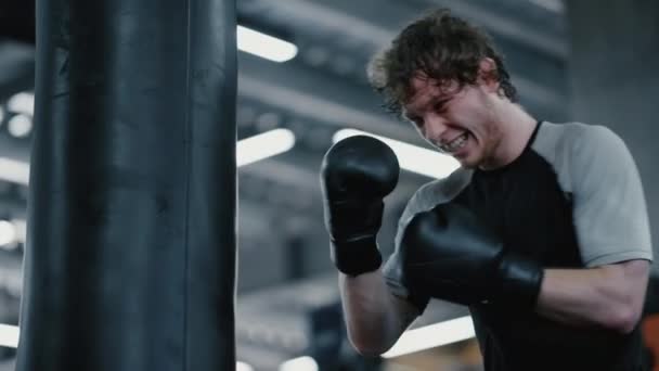 Ärlig kickboxerträning på gymmet. Fokuserad idrottsman boxning i sport klubb — Stockvideo
