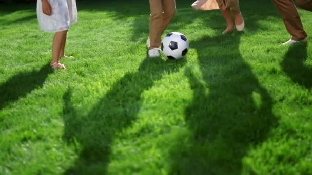 Detailní záběr na rodiče a děti nohy hrát s fotbalovým míčem v zeleném parku — Stock video