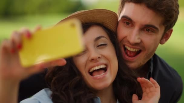 公園のカメラでハイと言う幸せな女の子と男。男かむ女性耳上のピクニック — ストック動画