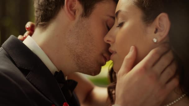 Jóképű férfi megcsókolja a nő arcát a szabadban. Érzéki pár pózol a parkban — Stock videók
