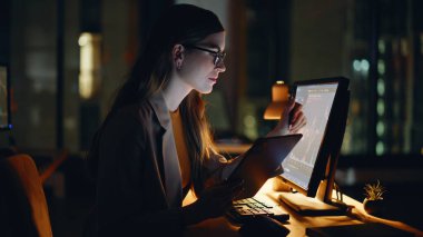 Gece işkadını, büyük ofiste kripto para ticareti yapan dijital tablet arıyor. Akşam evde çalışan gülen kadın uzmanı. Borsa temsilcisi evde geç saatlere kadar kalan bilgisayarları okuyor. 