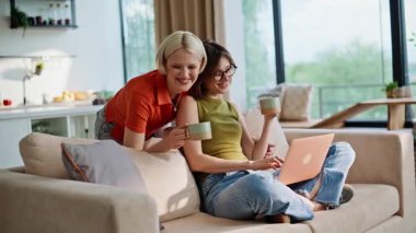 Oturma odasında dizüstü bilgisayar kullanan iki lezbiyen. Mutlu genç kız arkadaşlar hafta sonu evde online alışveriş planlama tatilinin tadını çıkarıyorlar. Modern kadınlar konforlu yaşam tarzı için aletler kullanırlar.